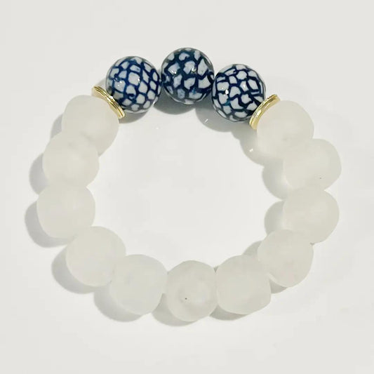 Recycled Glass & Chinoiserie Bead Stretch Bracelet Gold