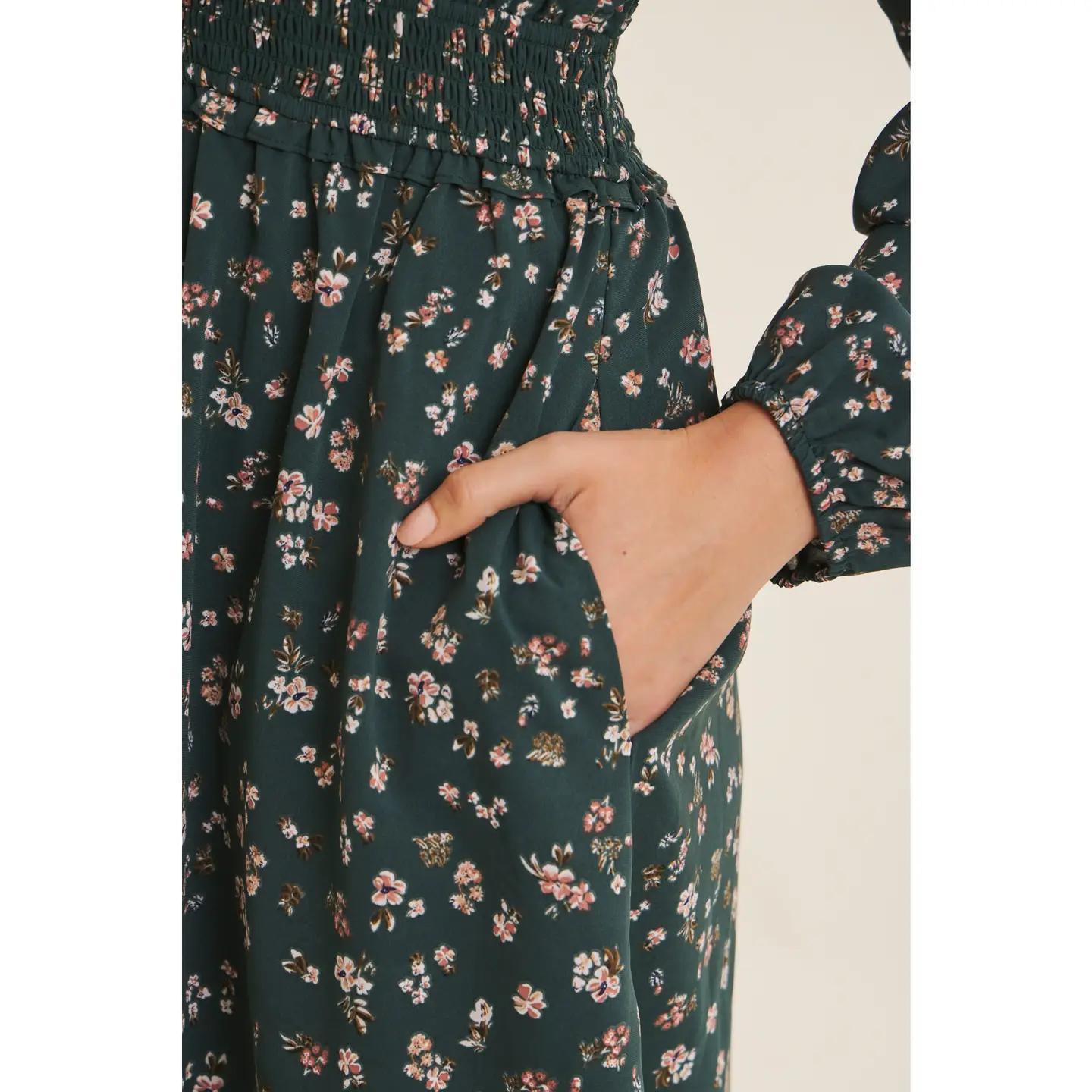 V-Neck Floral Smocked Waist Midi Dress With Balloon Sleeves