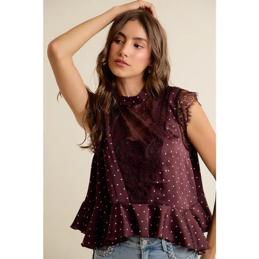 Polka Dot Satin Lace Trim Ruffled High Neck Blouse Top