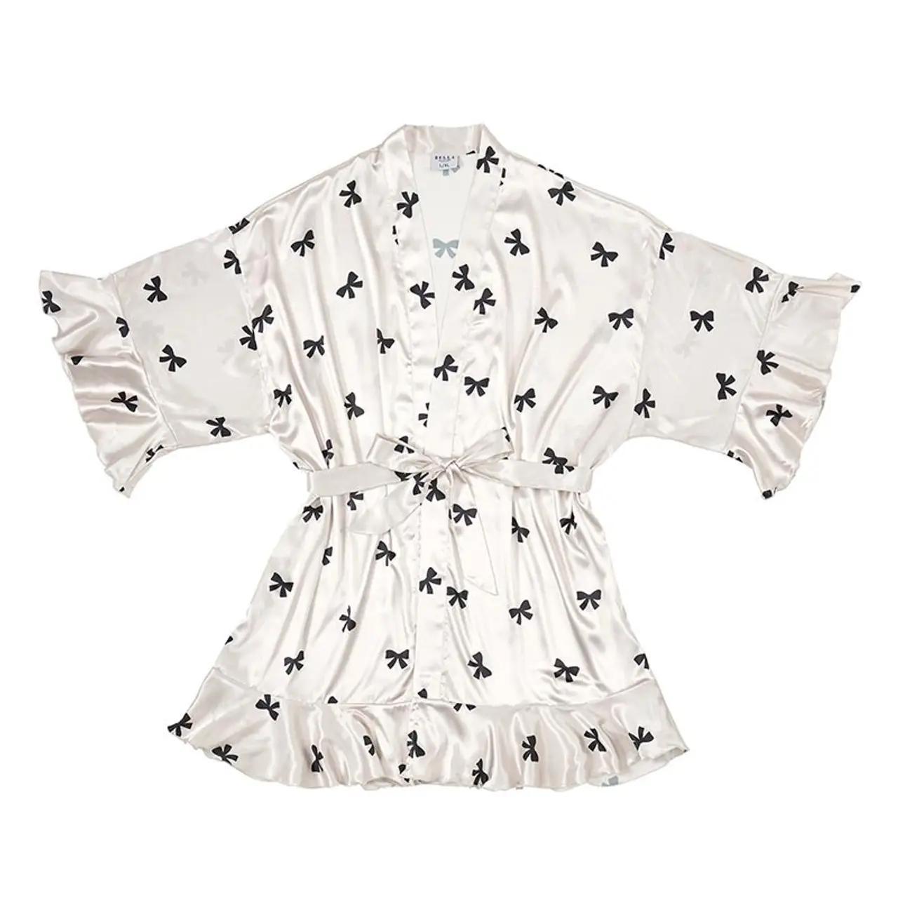 Ruffled Satin Robe - Ivory/Black Bows