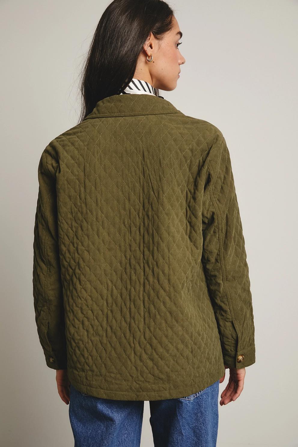 Diamond Quilted Corduroy Button-Up Jacket (Olive)