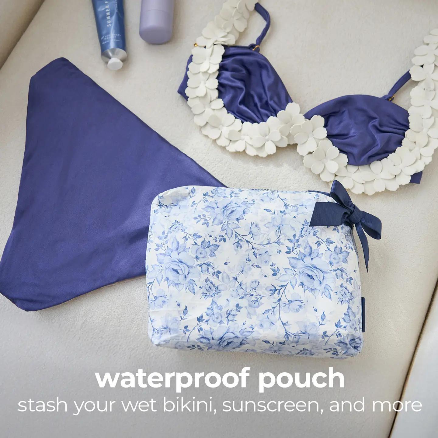 Bag with words stating "wtaerproof pouch stash your wet bikini, sunscreen and more". 