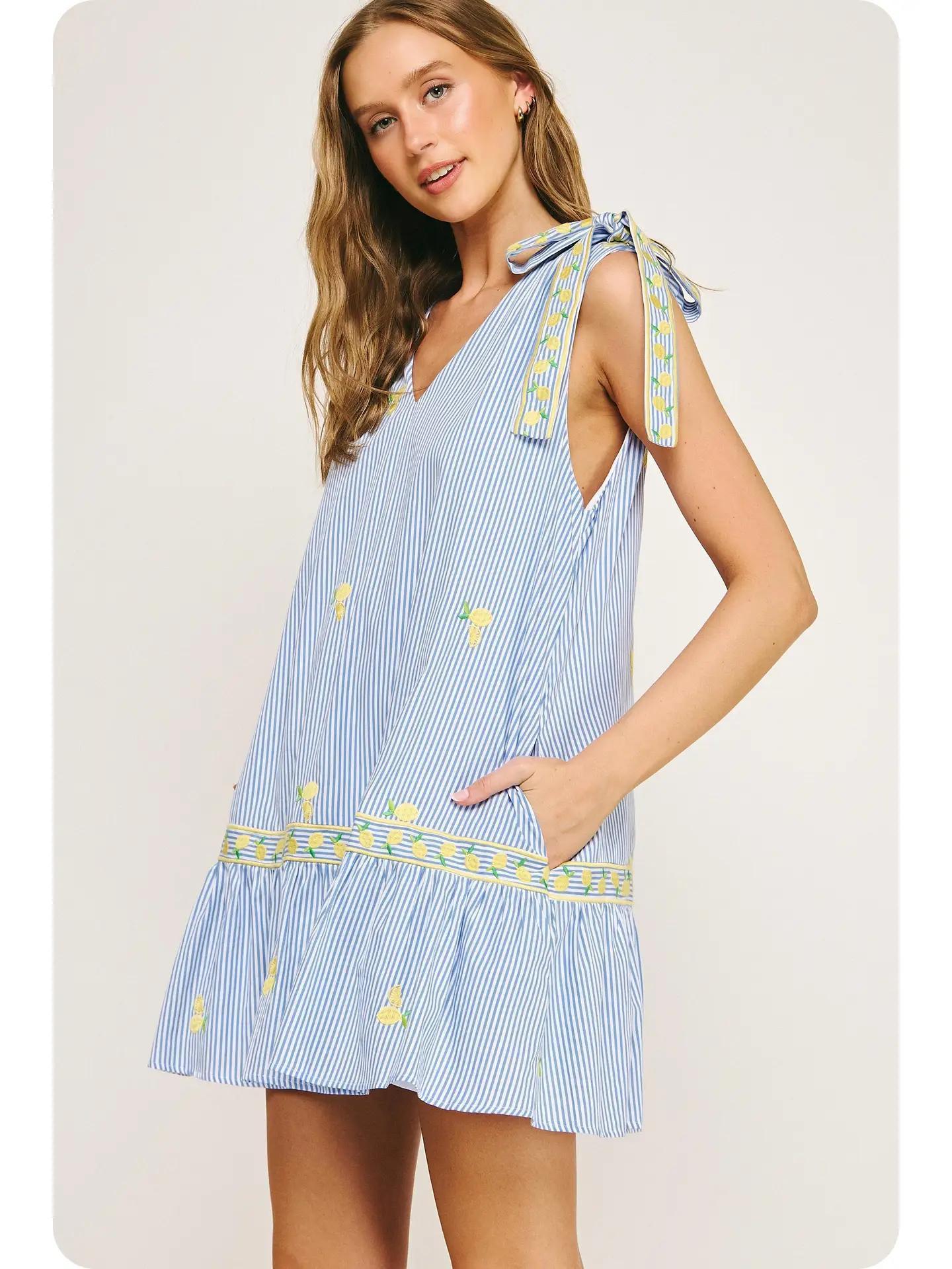 Lemon Embroidery Bow Strap Detail Stripe Mini Dress