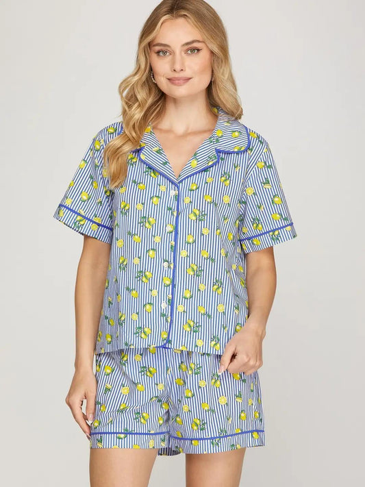 Stripe and Printed Woven Top and Shorts Pajama Set