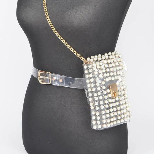 Rhinestone Clear Belt Bag W/Chain