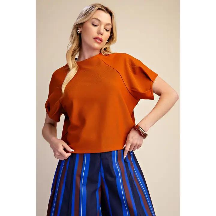 Round Neck Puff Short Sleeve Pullover Top- Rust