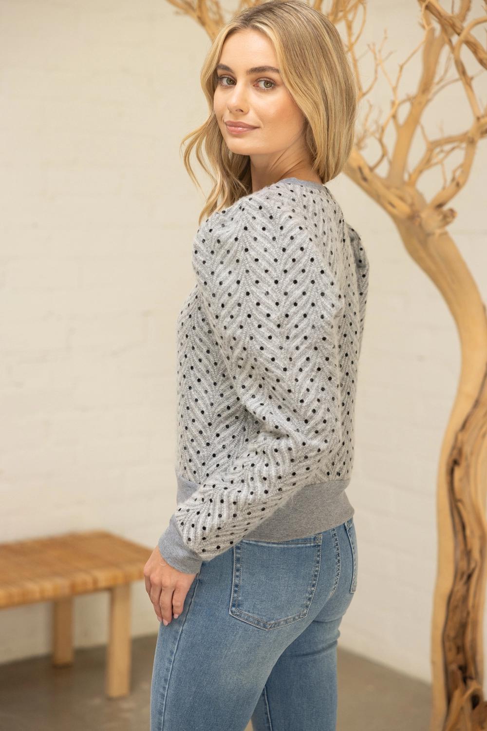 Long Pleated Puff Sleeve Polkadot Top
