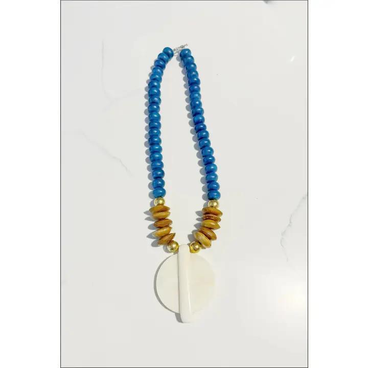 Wood, Glass & Bone Bead Necklace w/ Bone Circle Pendant