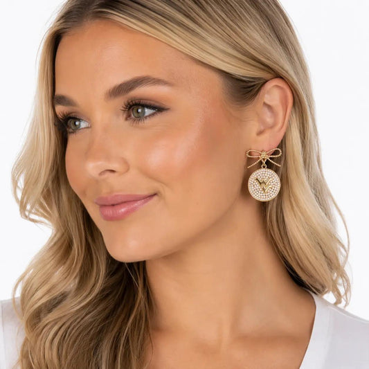 West Virginia Pearl Bow Medallion Earrings
