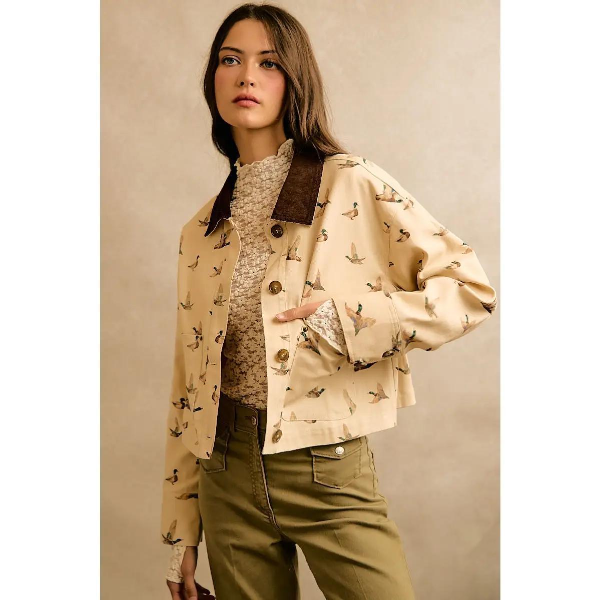 Mallard Duck Print Corduroy Collar Jacket