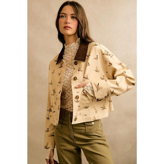 Mallard Duck Print Corduroy Collar Jacket