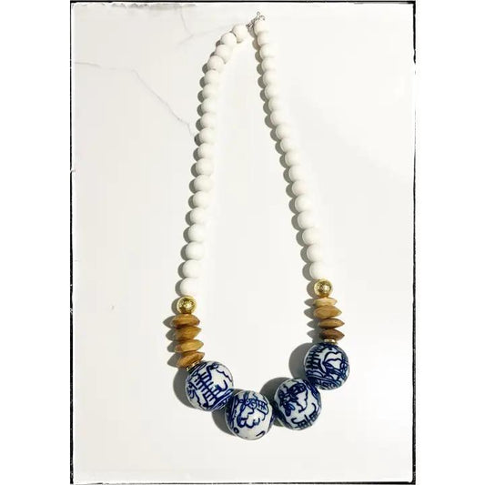 Wood, Glass Bone Bead Short Necklace Layering Chinoiserie