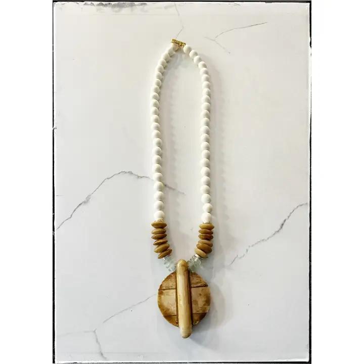 Wood, Glass & Bone Bead Necklace w/ Bone Circle Pendant
