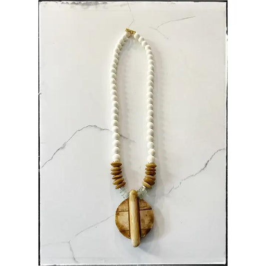 Wood, Glass & Bone Bead Necklace w/ Bone Circle Pendant