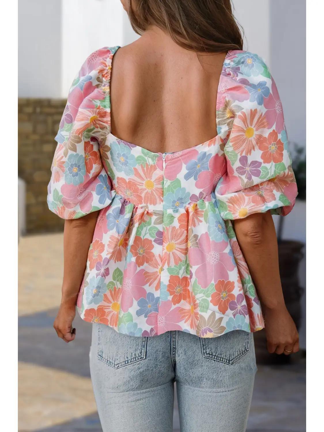 Women Floral Puff Sleeve Square Neck Babydoll Blouse