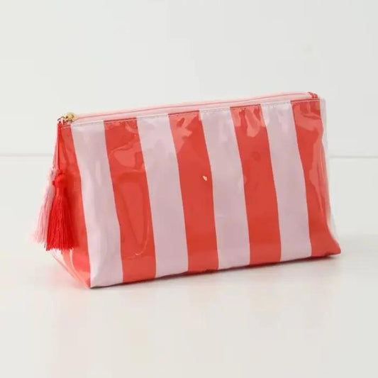 Travel Stripe Cosmetic Makeup Pouch Bag- Pink Red