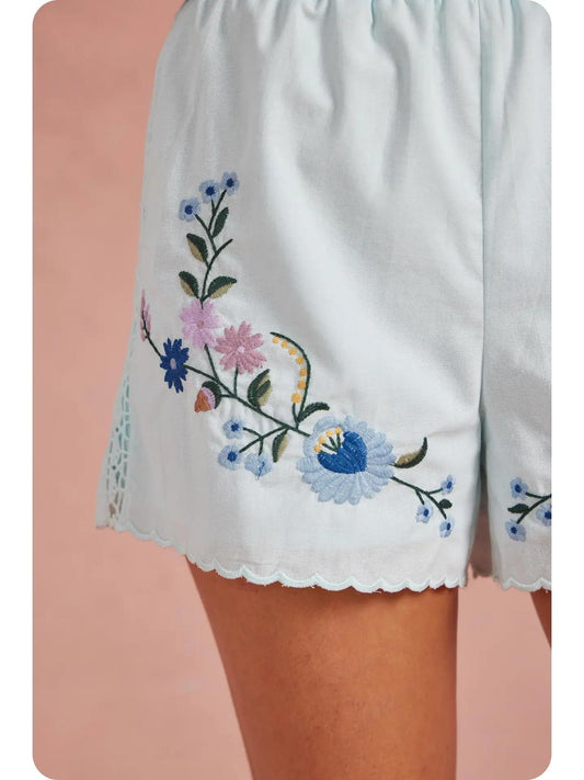 Embroidered Floral Lace Detail Scalloped Shorts