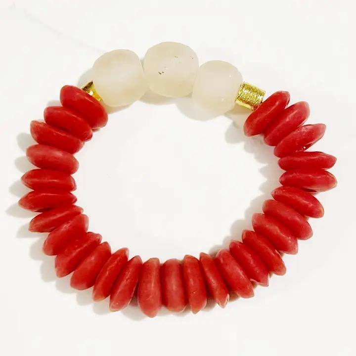 Ashanti Glass & Brass Bead Stretch Bracelet- Red & White
