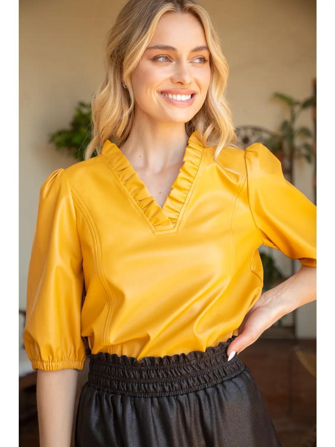 Ruffled V Neck Puff Sleeve Pu Top