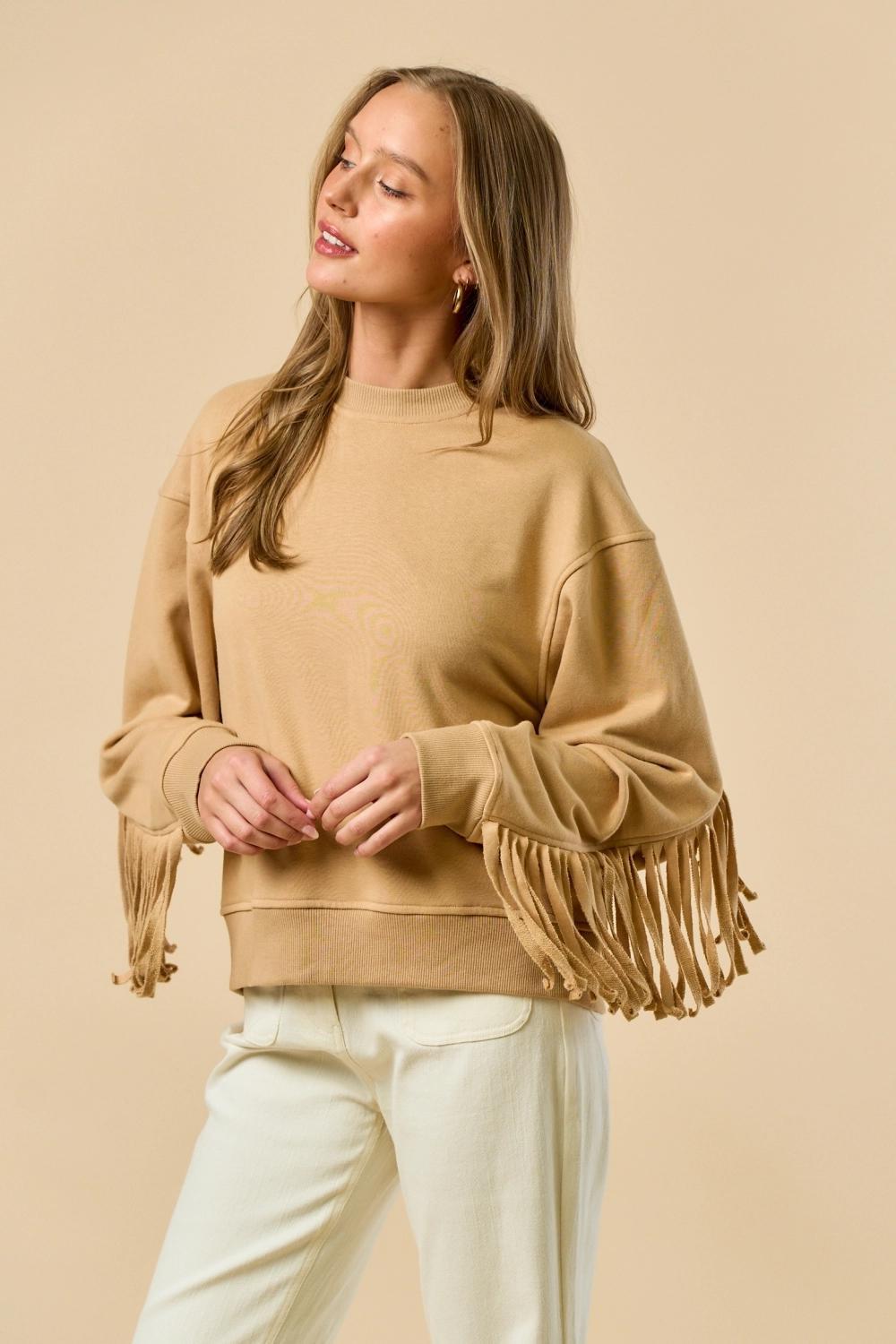 Crew Neck Long-Sleeve French Terry Top with Fringe