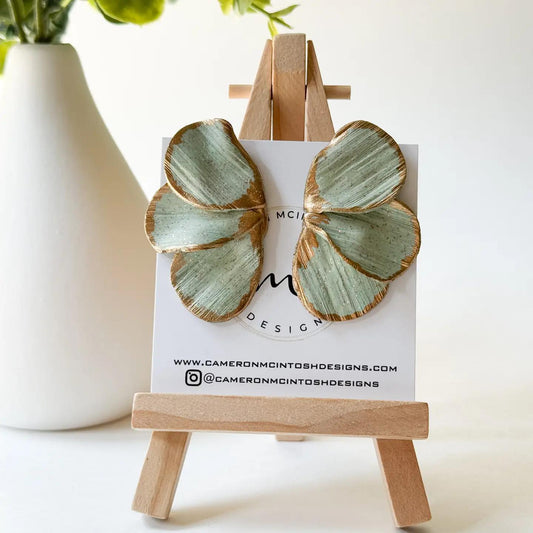 Sage Green Polymer Clay + Gold Leaf Petal / Flower Earrings