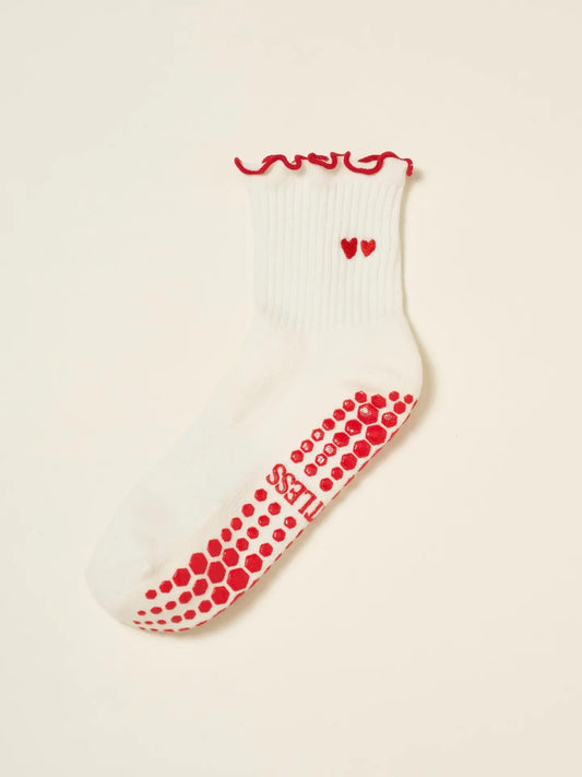 Embroidery Heart Duo Ruffle Grip Sock, Pilates Socks
