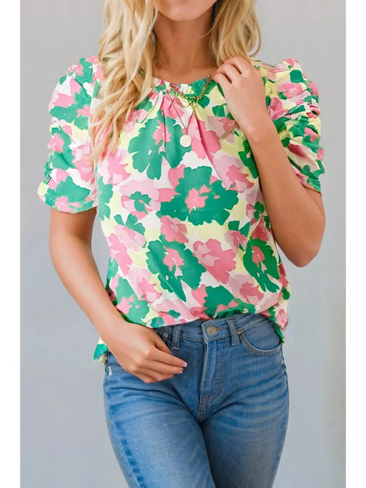 Abstract Print Frilly Neck Ruched Blouse