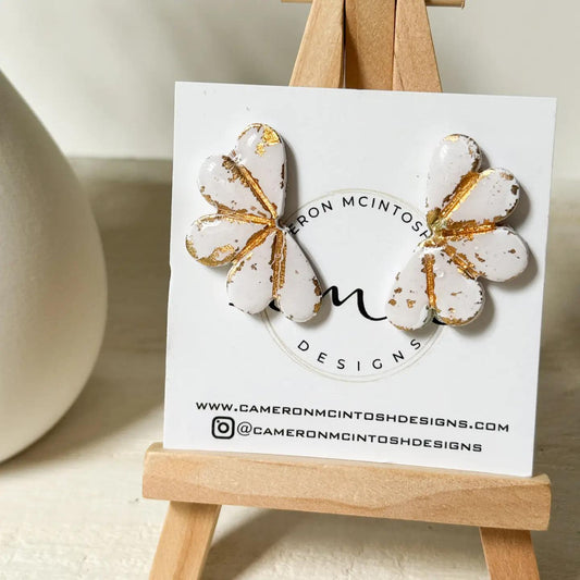 White + Gold Leaf Polymer Clay + Resin Flower Stud Earrings