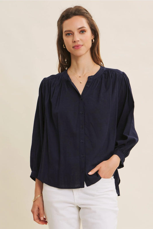 Navy Linen Blend Oversized Button-Down Blouse