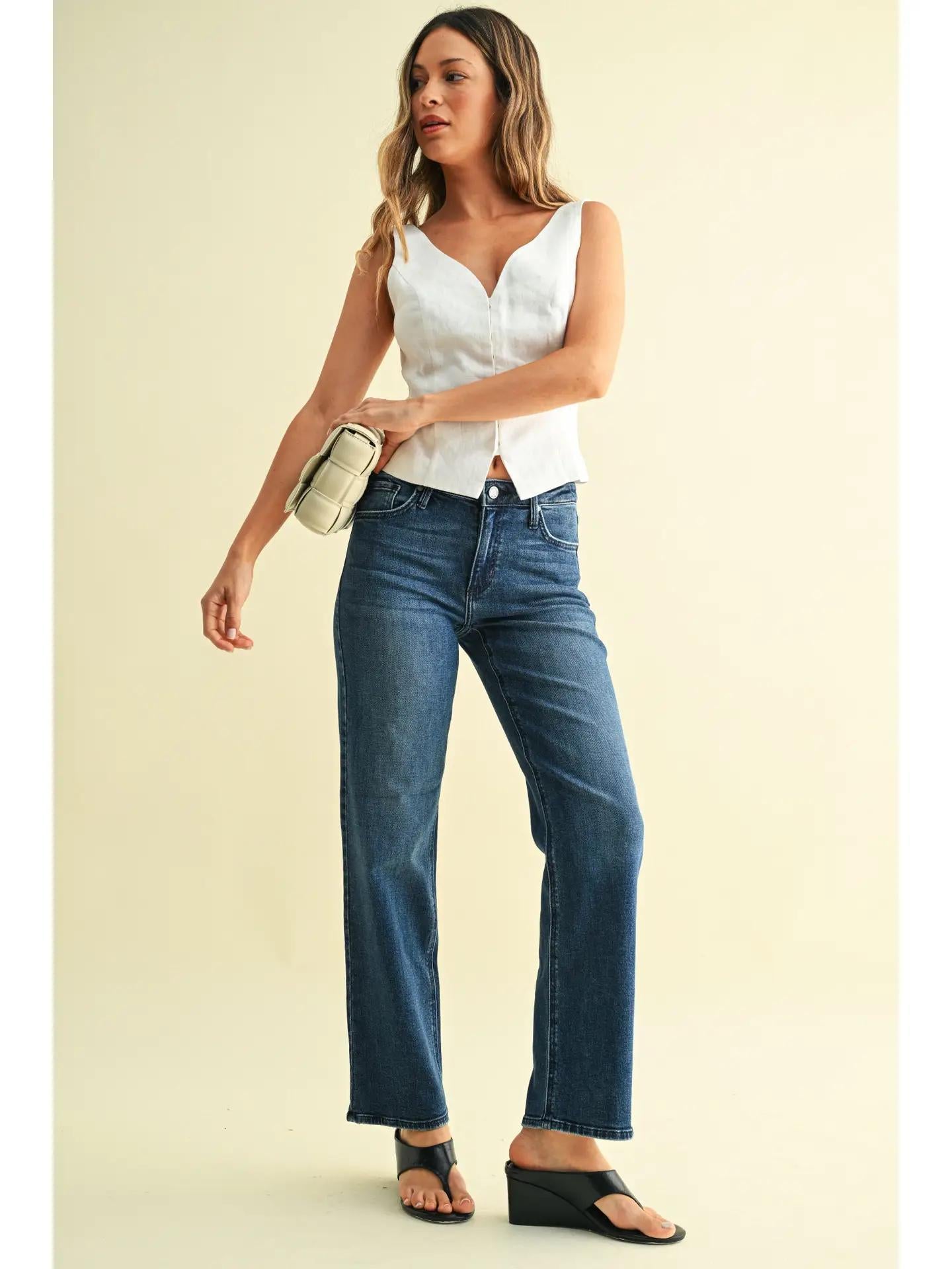Mid Rise Stretchy Straight Leg Jean - Dark Denim