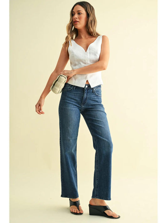 Mid Rise Stretchy Straight Leg Jean - Dark Denim