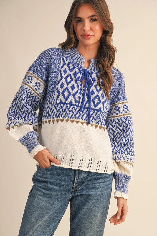 Long Puff Sleeve Nordic Sweater with Pointelle Hem