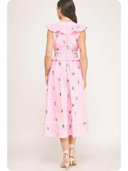Flower Bouquet Embroidery Midi Dress