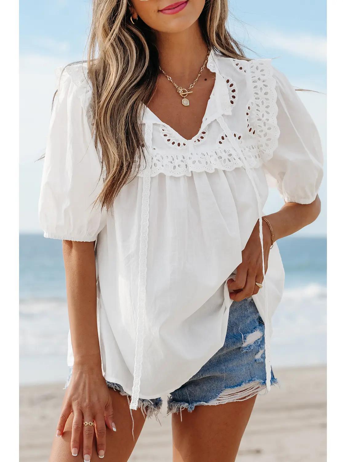 Embroidered Lace Puff Short Sleeve Blouse
