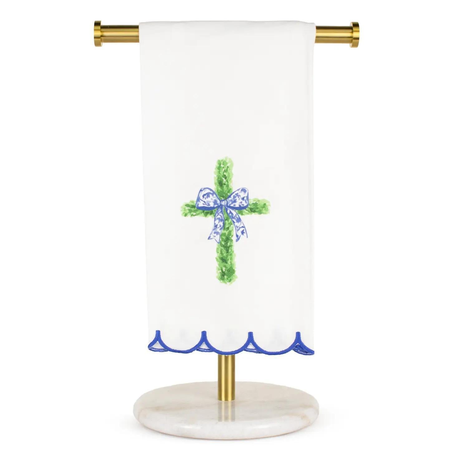 Boxwood Cross Scalloped Hand Towel White/Green