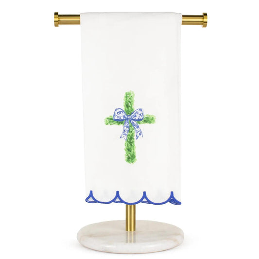Boxwood Cross Scalloped Hand Towel White/Green