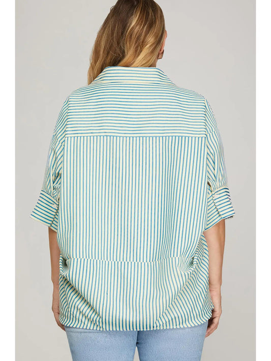Blue Short Sleeve Oversized Striped Top