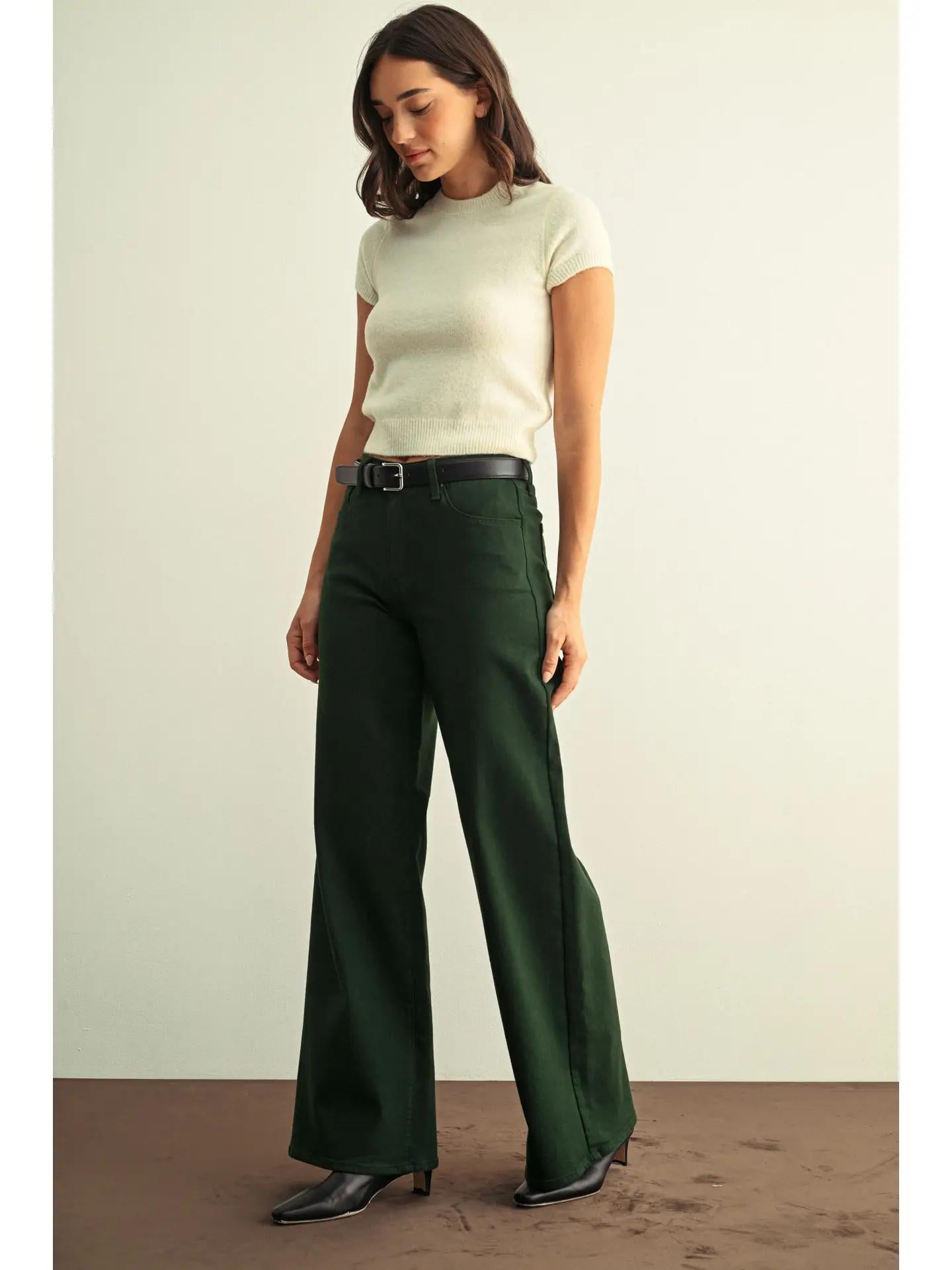 High Rise Stretchy Wide Leg - Dark Forest Green