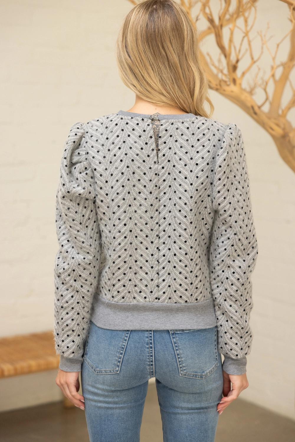 Long Pleated Puff Sleeve Polkadot Top