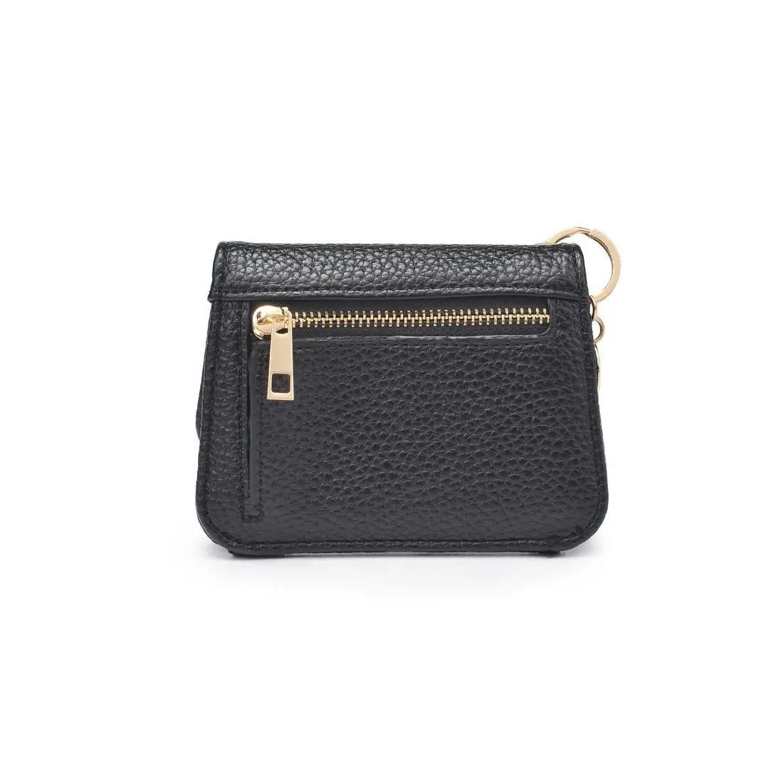 back of black wallet with gold zipper. 