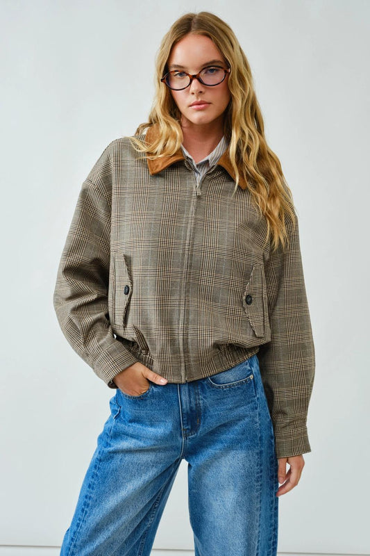Classic Plaid Bomber Collar Jacket