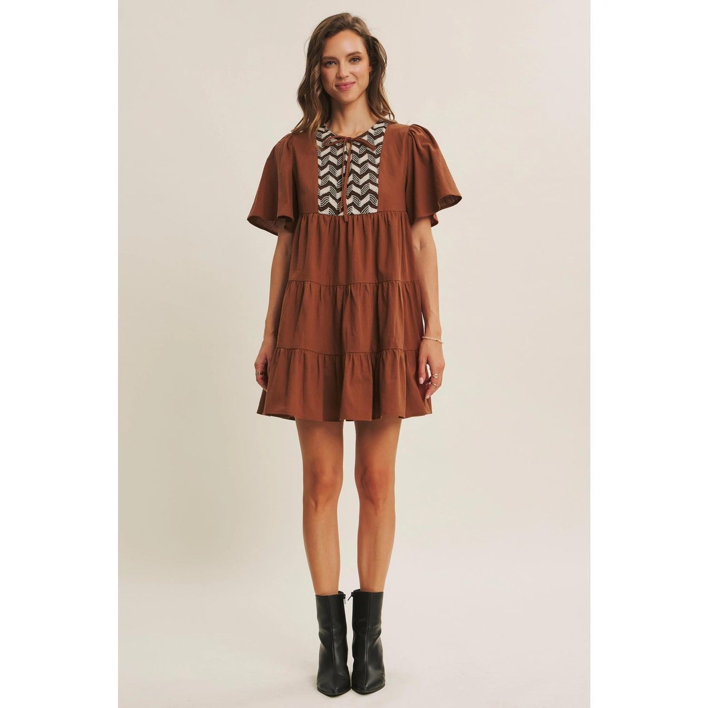 Boho Charm Crochet Yoke Tiered Cotton Mini Dress