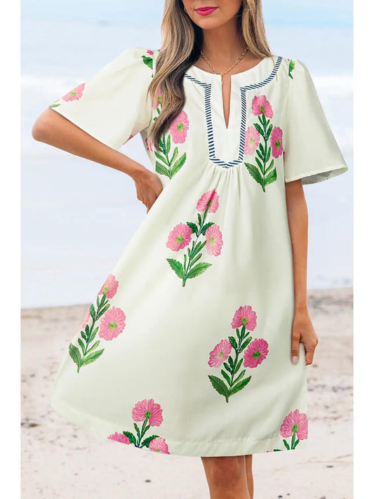 Floral Print Short Sleeve Split Neck Mini Dress