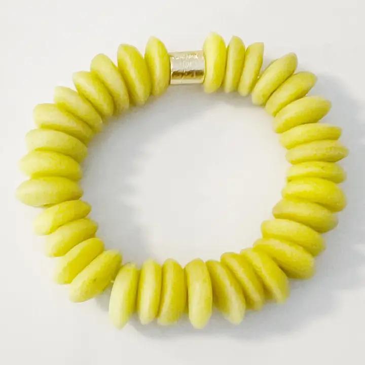 Yellow Ashanti Glass Bead Stretch Bracelet Brass Charm Gold