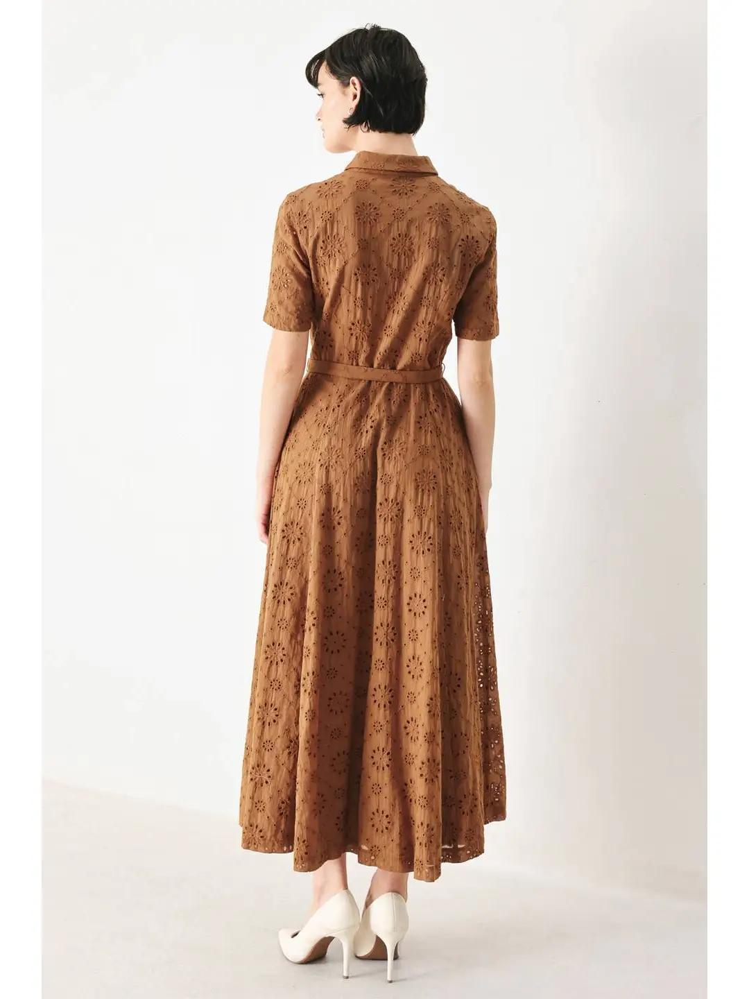 A Solid Woven Eyelet Midi Dress