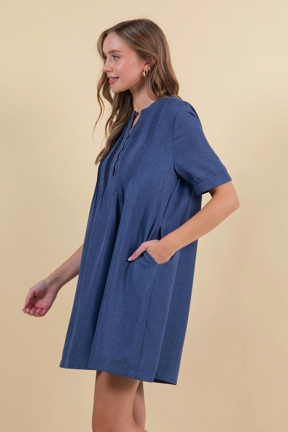Half Button Down Pintuck Detailed Mini Dress