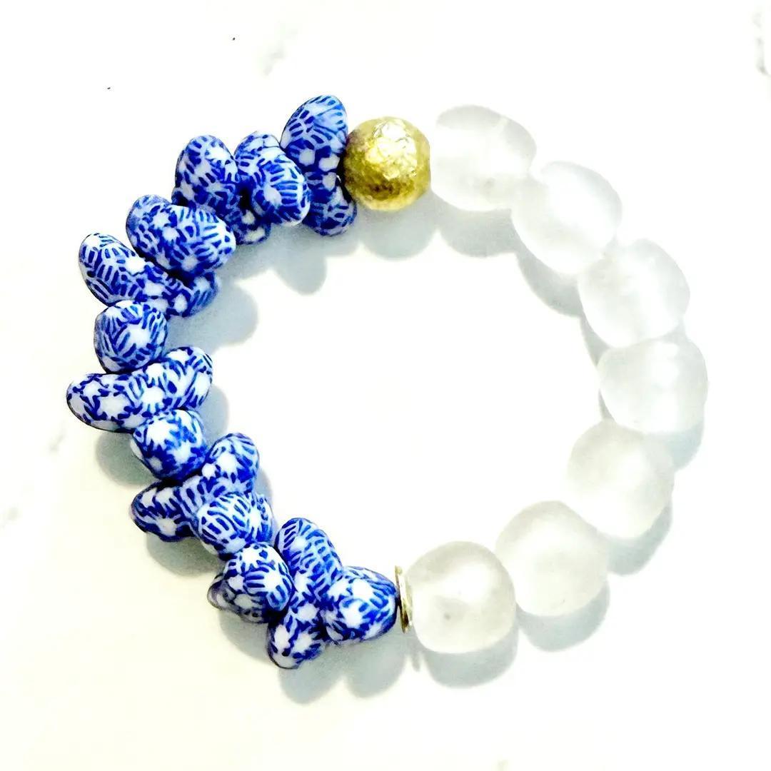 Recycled Canoe Glass Bead Stretch Stacking Bracelet - Blue