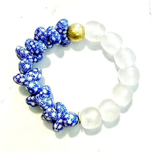 Recycled Canoe Glass Bead Stretch Stacking Bracelet - Blue