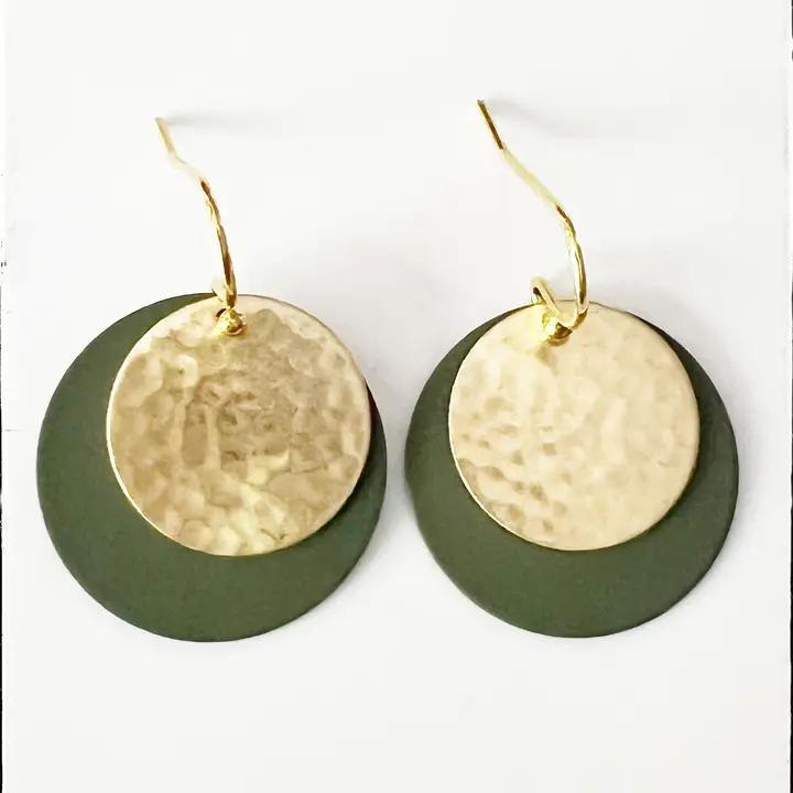 Painted Brass Gold Textures Hoop Circle Dangle Earring Olive