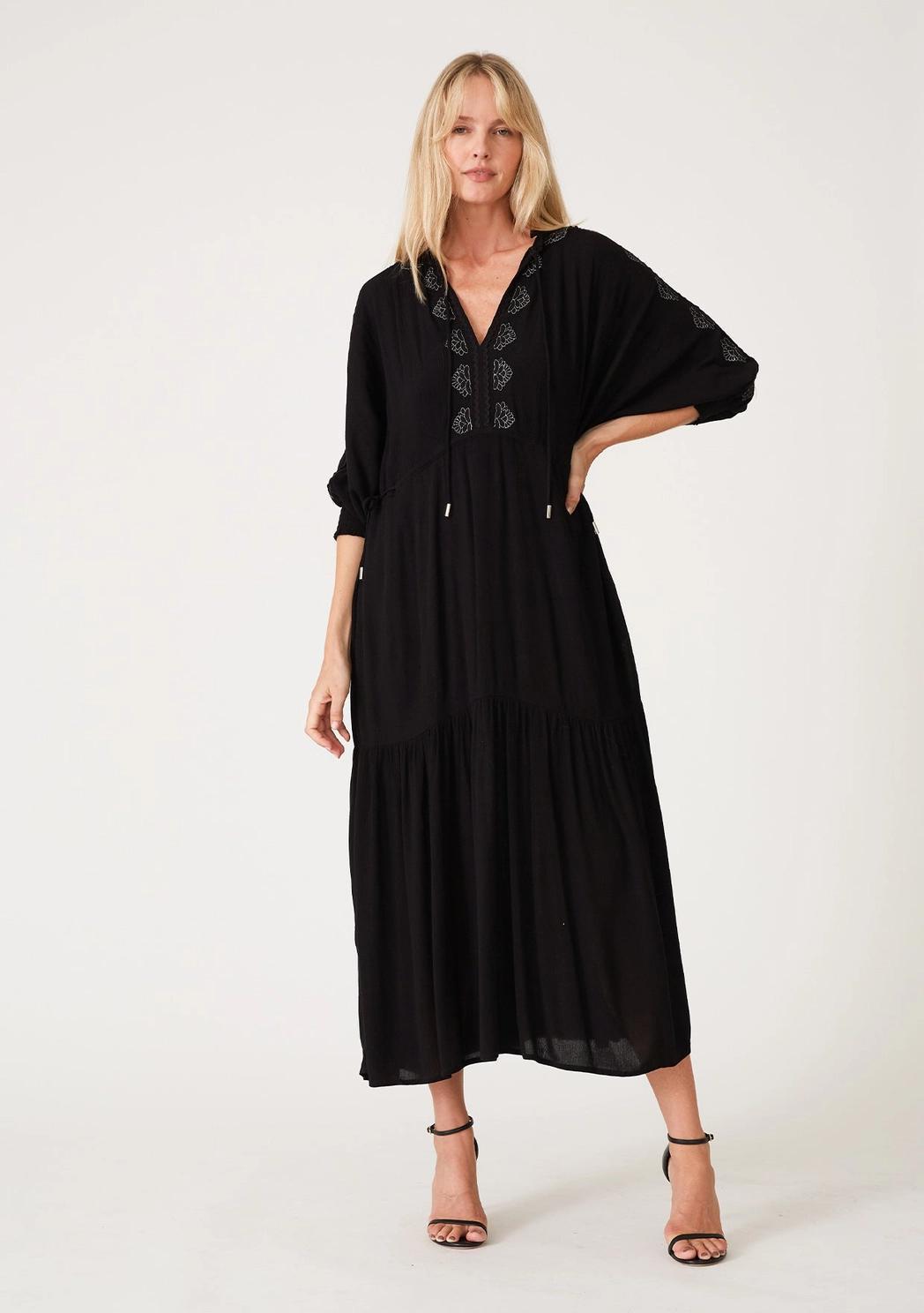 Embroidered Dolman Sleeve Split Neck Maxi Dress